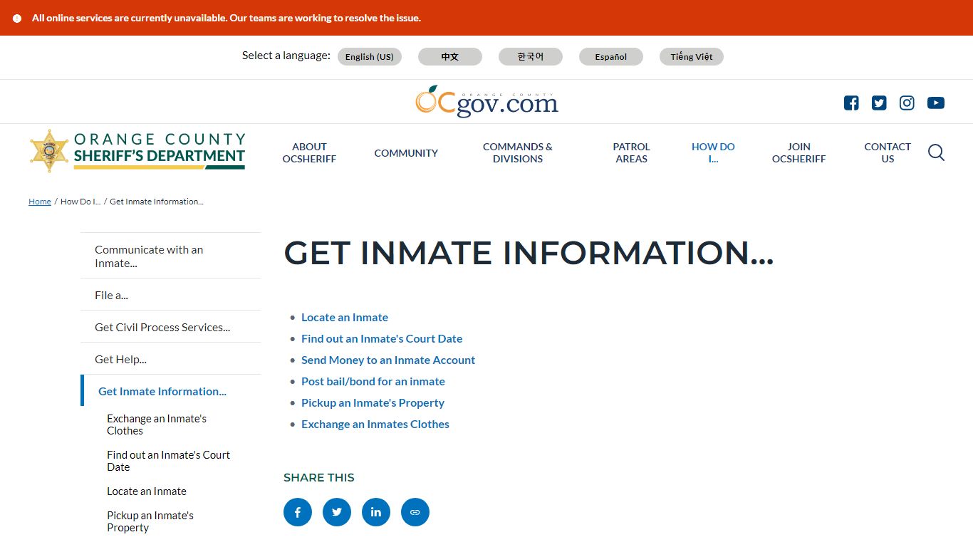 Get Inmate Information... | Orange County California - Sheriff's Department
